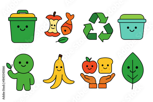 Cute recycling icons with smiling faces and eco-friendly symbols