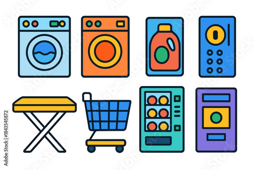 Colorful household appliance icons: washing machines, detergent, and more