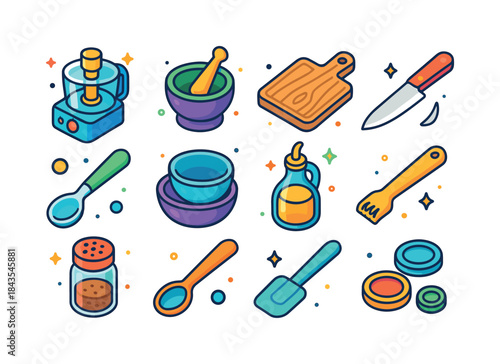 Tapenade Tool Icons. Tapenade Tools. Colorful isometric vector i
