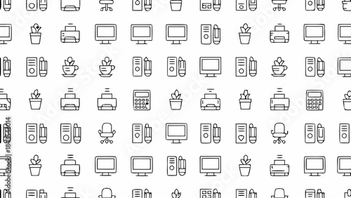 Collection of minimalist office equipment and supply icons in a grid pattern