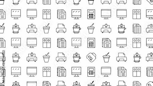 Collection of office and everyday objects depicted as simple line icons