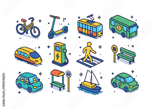 Sustainable Transport Icons. Sustainable Transport. Colorful iso