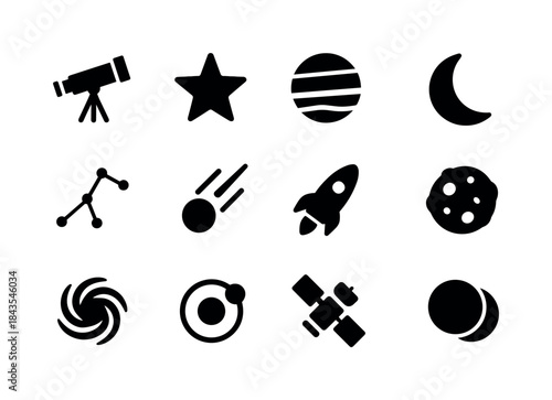 Astronomy Icons Grid. Astronomy. Solid icon set of Astronomy: te