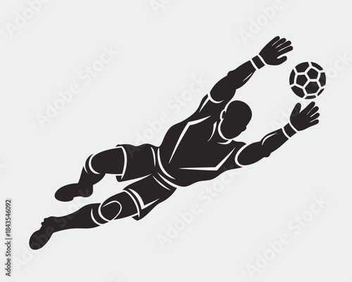 A dynamic silhouette of a soccer goalkeeper making a spectacular diving save