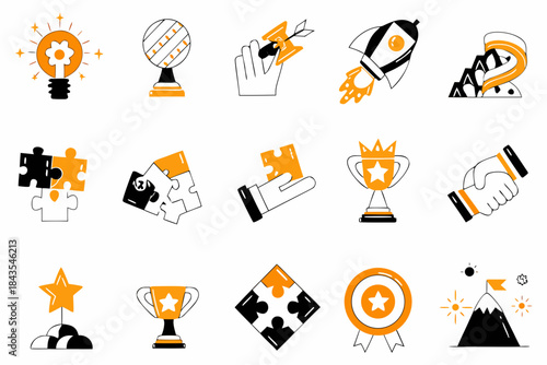 Collection of diverse orange and black icons representing success ideas and solutions