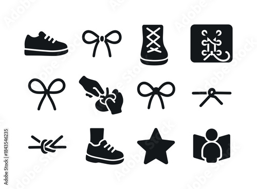 Kids Lacing Skills Icons. Kids learning to tie laces. Solid icon