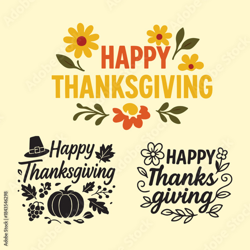 Happy Thanksgiving Lettering and Typography Vector Set Collection with Autumn Elements.