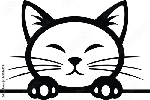 Funny and playful monochrome drawing of an adorable domestic kitty mascot peeking over a horizontal line with a joyful, whimsical expression.