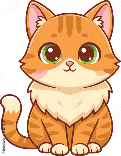An adorable vector cartoon illustration of a cute, fluffy orange tabby kitten with bright green eyes, sitting and looking forward with a friendly expression.