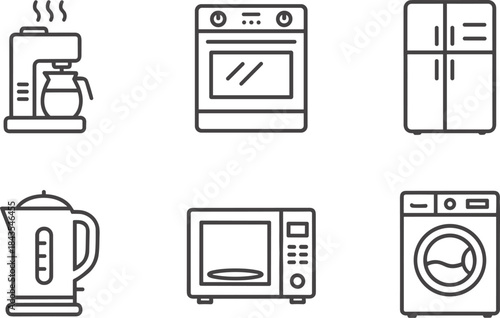 Six simple black and white outline illustrations representing home electronics and necessary domestic machinery for cooking, food storage,