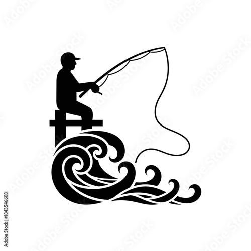 A silhouette illustration of a man fishing from a pier with stylized ocean waves
