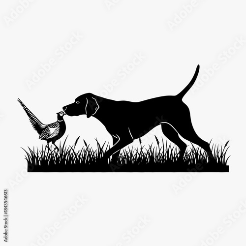 Black silhouette illustration of a hunting dog pointing at a pheasant in tall grass