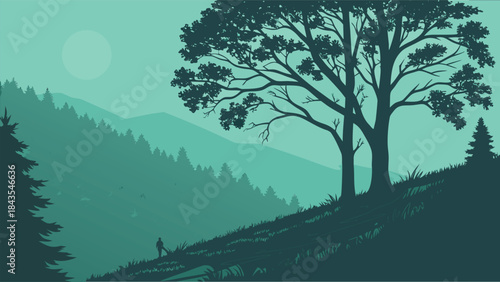 Vintage Style Illustration of a Perched Eagle or Hawk under a Tree Branch