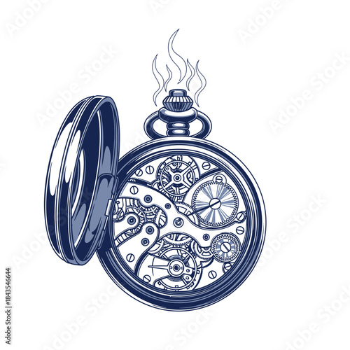 Steampunk inspired vintage pocket watch showing internal mechanism and flame details