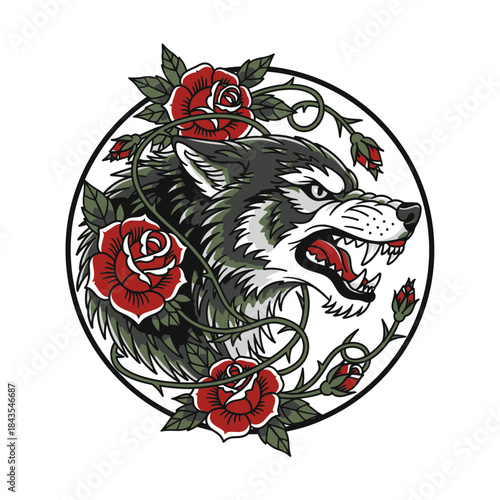 A snarling wolf head surrounded by intertwining red roses in a classic tattoo style