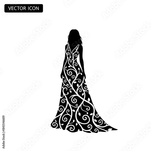 Elegant woman silhouette wearing a long evening gown decorated with a detailed floral vine pattern