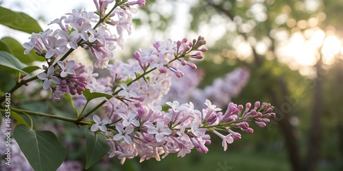 Blooming lilac flowers in a garden during sunset near a quiet park in springtime