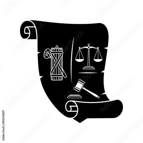 A black and white illustration of three key legal symbols on a scrolling document.