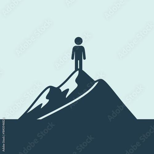 Minimalist design depicting a person achieving success on a mountain summit