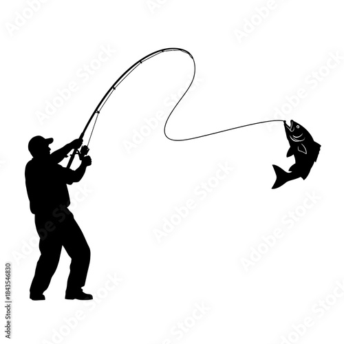 Silhouette vector illustration of a fisherman successfully catching a fish with a bent rod