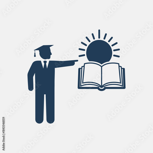Academic figure points to the path of knowledge and enlightenment symbolized by a book and sun
