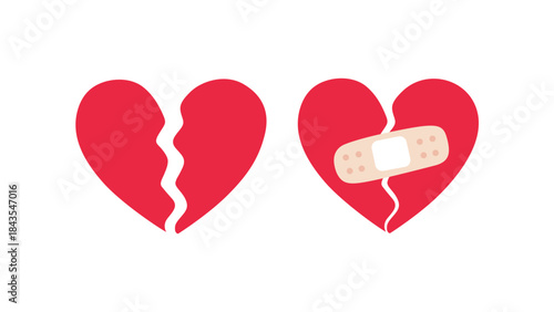 Cartoon heart set, broken heart and crack fixed with bandage. Breakup and heartbreak symbol. Simple flat vector style clip art illustration.