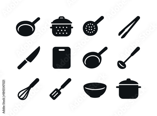 Seafood Kitchen Tools. Seafood Cooking Tools. Solid icon set of