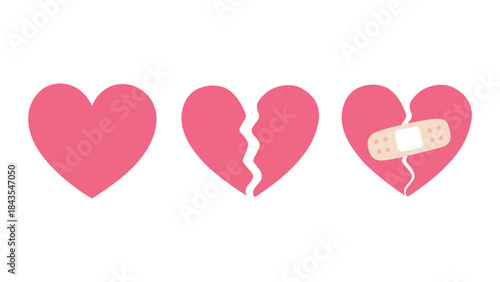 Cartoon heart set, broken heart and crack fixed with bandage. Breakup and heartbreak symbol. Simple flat vector style clip art illustration.