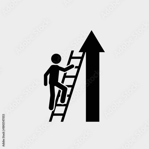 A person climbing a ladder towards an upward arrow representing success and progress