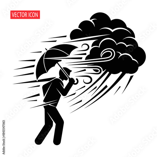 A person struggling against a strong storm with an umbrella in high winds