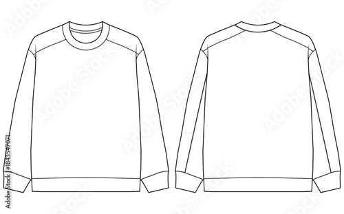 Crew Neck Sweatshirt Long Sleeve Ribbed Cuff Pullover Front and Back View Technical Flat Vector