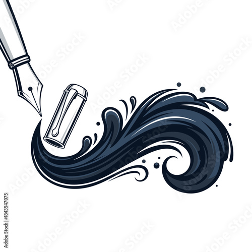 A dynamic illustration of a fountain pen nib and cap interacting with a flowing wave of ink