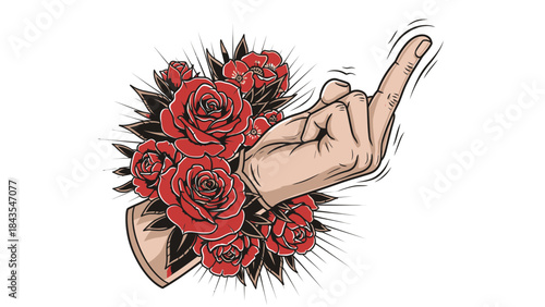 A hand showing a rebellious middle finger gesture emerges from a bouquet of red roses