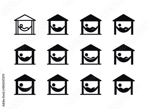 Porch Relaxation Icons. Relaxing on porch. Icon set. Set Logo of