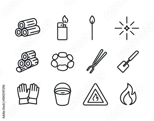 Campfire Essentials Icons. Campfire essentials. Line icon set of
