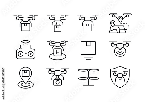 Drone Delivery Icons. Drone delivery services. Line icon set of