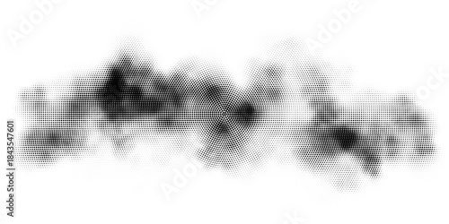 Halftone cloud pattern with retro dot gradation creates abstract sky background. Retro pop art style for art designs, vintage prints, graphic textures with grunge effect. Vector illustration.