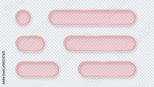 Red transparent glass buttons. Liquid glass design elements with morphism effect. Modern digital interface icons for web and app design with rounded frame and subtle shadow. Vector illustration.