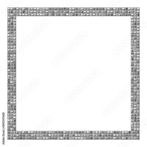 Silver glass 3d square frame. Reflective metallic mosaic pattern with cube tiles and transparent center for text or image. Modern shiny decorative border. Realistic vector illustration.