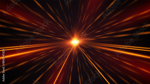 Light burst background with glowing rays and speed lines. Blue and red energy beams create dynamic motion effect on dark with bright neon flare and magical shine. Abstract vector illustration.