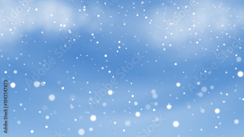 Winter cloudy sky background with falling snow. Snow background with gentle white snowfall particles drifting over soft blue cloudy sky. Calm vector illustration.