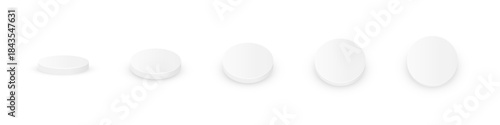 White podiums. Product display platforms with soft gradient surface and smooth cylindrical shape in different angles view. Minimalist modern vector illustration.