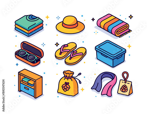 Summer Clothing Icons. Putting away summer clothes. Colorful iso