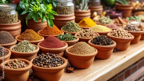 Colorful Spices in Small Clay Bowls on a Wooden Surface
