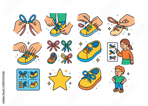 Kids Shoe Tying Icons. Kids learning to tie shoes. Colorful isom