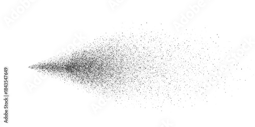 Spray splatter texture background. Black droplets spreading outward into dispersed dots on white backdrop. Dynamic dispersion effect of aerosol flow. Minimal vector illustration with monochrome style.