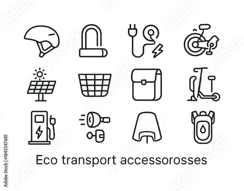 Eco Transport Icons. Eco Transport Accessories. Line icon set of