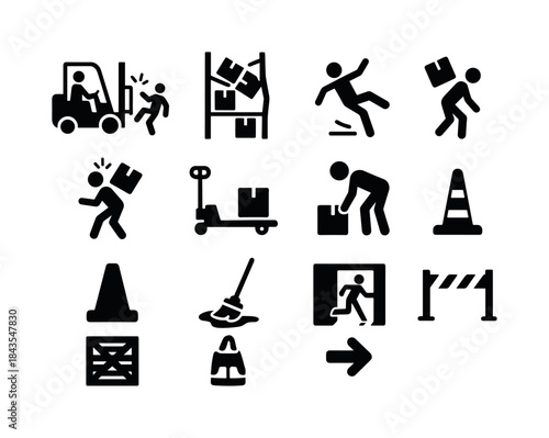 Warehouse Safety Icons. Warehouse Accidents. Solid icon set of W