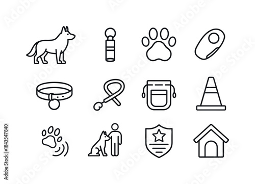 Shepherd Dog Training Icons. Shepherd dog training. Line icon se