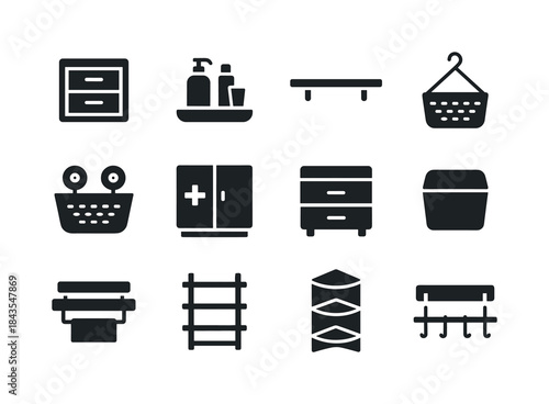 Bathroom Storage Icons. Bathroom storage. Solid icon set of bath